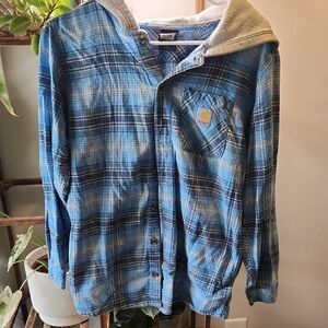 Boys XL Carhartt Flannel Blue Plaid Hooded Button Up Shirt